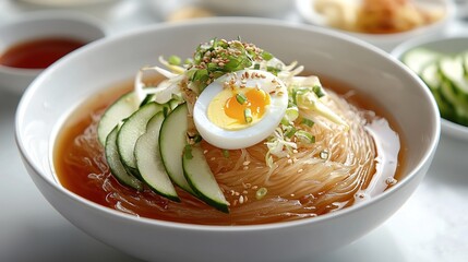A bowl of cold noodles garnished with cucumber and egg