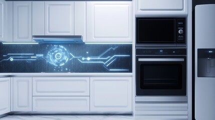 Obraz premium A modern kitchen featuring sleek white cabinetry and futuristic digital interfaces on the backsplash, creating a high-tech ambiance.