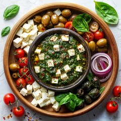 Mediterranean Mezze Platter with Feta, Olives, Tomatoes, Pesto, and Red Onion on White