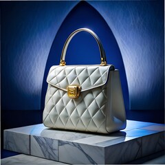White hand bag on a blue background