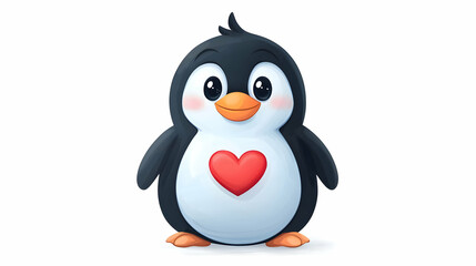 Fototapeta premium Cute Cartoon Penguin with Red Heart Watercolor Illustration