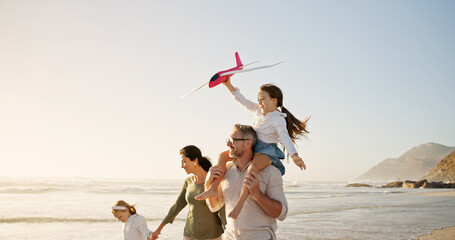 Parents, piggyback or kids at beach for flying, holiday or playing with love, girls or family. Mockup space, mom or dad with children at sea on vacation together for games, bonding or airplane toys