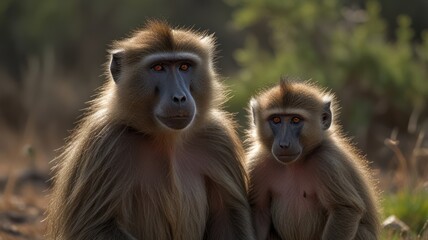Obraz premium Two baboons, one adult and one juvenile, facing forward in a natural setting