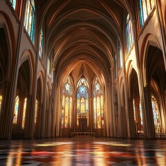 Obraz premium Gothic Revival Cathedral with Pointed Arches and Stained Glass Light Effects in Ultra Detailed 8K Rendering, Realistic Lighting Highlighting Medieval Architectural Grandeur
