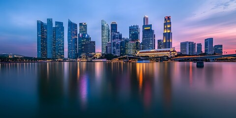 Naklejka premium Cityscape Reflections: A stunning urban panorama showcasing a modern city skyline, its towering skyscrapers mirrored in the serene waters below at twilight.