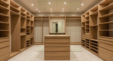 Organized Walk-in Closet Interior with Natural Wood Shelving and Drawers