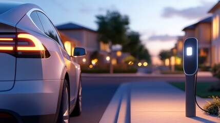 A sleek electric car parked near a charging station in a suburban area during twilight, highlighting modern transport technology and eco-friendly living, sustainable living lifestyle.