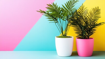 Obraz premium Vibrant Indoor Plants on Colorful Background with Pastel Shades of Pink, Blue, and Yellow for Fresh Decor Inspiration