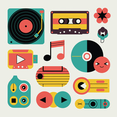 2d vector illustration icon cool entertainment cartoon character  music tools (Drum , Music Note , Headphones ,Microphone , Piano , Guitar ,Record) 
