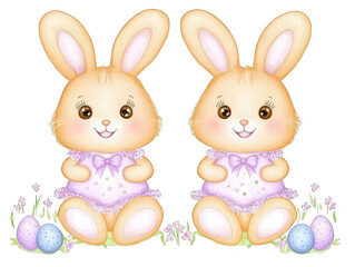 Obraz premium Adorable Easter Bunny Illustration With Pastel Colors, Transparent Background, And Floral Decoration, Depicting Two Cute Rabbits