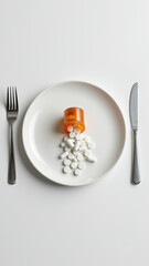 A plate with a bottle of magnesium glycinate capsules and cutlery, symbolizing medication being treated like food.