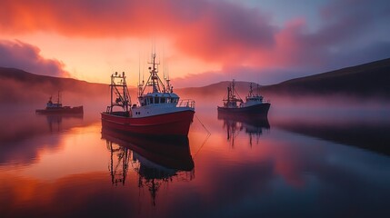 Vibrant Red Boat Gently Floating on Calm Water Surrounded by Lush Greenery and Bright Blue Sky