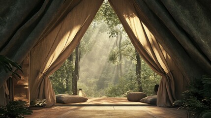 Luxurious glamping tent interior with jungle view.