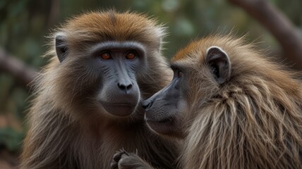 Obraz premium Two baboons close up, facing each other, in a natural setting. Their expressive faces and long, fluffy manes are clearly visible. 