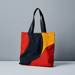 Modern Multi-Colored Canvas Tote Bag with Geometric Patterns Against a Minimalist Grey Wall and Green Plant