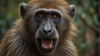 Obraz premium Close-up of a monkey's expressive face. Its mouth is open wide, showcasing teeth, and its orange eyes are prominent. The fur is a mix of brown and gray tones. Natural light highlights the details