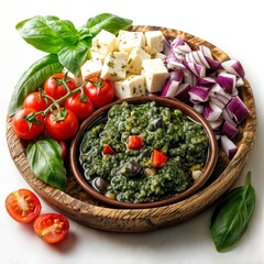 Wooden Platter with Fresh Mediterranean Salad Components on White Background