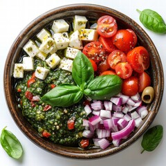 Overhead Shot of Mediterranean Salad with Pesto, Feta, Tomatoes, and Red Onion in Bowl