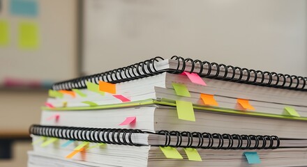 Stack of Spiral Notebooks with Colorful Sticky Notes for Organization
