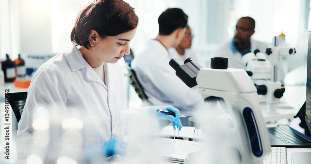 Poster woman, scientist and reading document in lab of medical study, experiment results and information. p
