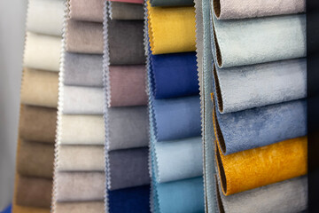 Samples furniture fabric in furniture store close-up