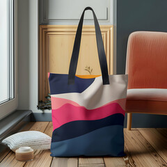 Close-Up of a Vibrant Striped Canvas Tote Bag Resting on a Chair with an Indoor Background