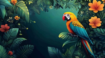 Vibrant Parrot Perched Gracefully on Branch Surrounded by Lush Tropical Foliage and Greenery