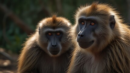 Fototapeta premium Two baboons in close-up, facing forward, with a focused gaze and detailed features. Sunlight illuminates their fur, creating highlights on their faces