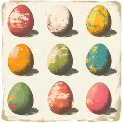 Colorful Easter eggs designed in a retro style with a vintage effect, capturing nostalgic charm, festive traditions, and spring celebration