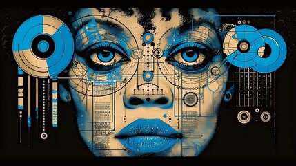 Intricate digital portrait of a woman with blue geometric patterns and captivating eyes Generative AI