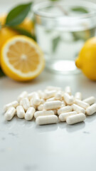 A close-up of magnesium glycinate capsules on a table with fruit in the background, emphasizing health and supplementation.