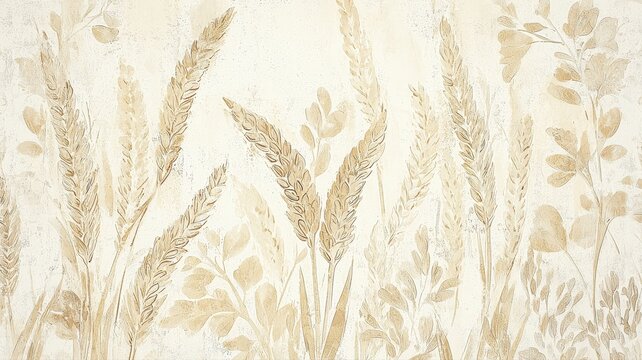 Vintage wallpaper featuring faded wheat patterns in warm sepia tones. Semi-realistic scene emphasizing classic countryside charm, nostalgia, and soft aged texture.