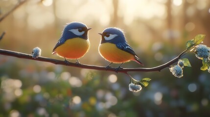 Obraz premium beautiful little birds are sitting next to each other on a branch in a Sunny spring Park