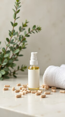 Magnesium Glycinate supplement bottle with rolled oats on a surface with a blurred background, highlighting a focus on health and wellness products.