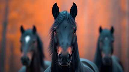 Obraz premium Three Dark Horses in an Autumn Forest at Sunset