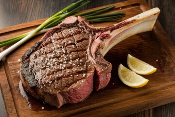 Medium rare tomahawk steak served on a wooden board with garnishes and lemon slices