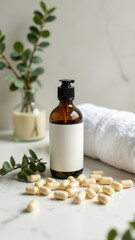 Magnesium glycinate supplements displayed on a marble surface with greenery for a clean, natural aesthetic.