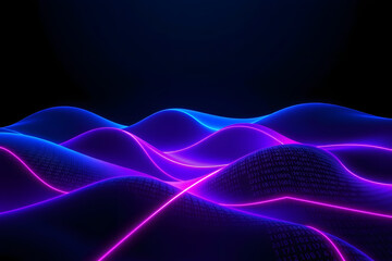 Obraz premium Electric blue and neon purple waves with floating binary code and glowing grid lines create a tech-inspired matrix atmosphere