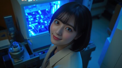 Young Woman Scientist in Futuristic Lab Looking at Camera