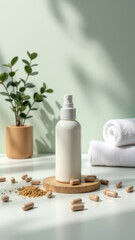 A bottle of magnesium glycinate supplement on a wooden stand with scattered pills and tablets around it, suggesting a natural wellness theme.