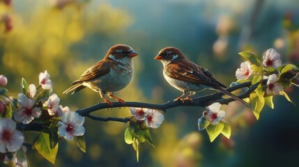 Obraz premium beautiful little birds are sitting next to each other on a branch in a Sunny spring Park