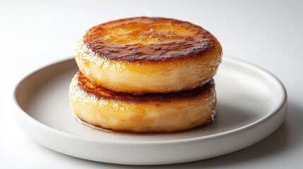 Two golden brown round cakes stacked on a white plate