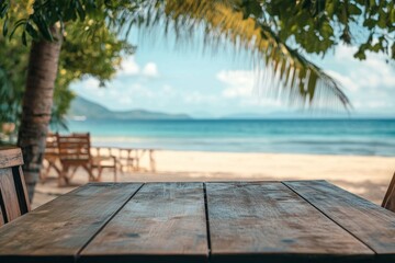 Fototapeta premium Mock up table with background outdoors tropical beach.