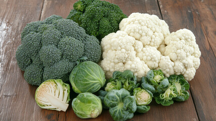 Vibrant Cruciferous Vegetables Including Broccoli, Cauliflower, and Brussels Sprouts Freshly Displayed on a Wooden Table