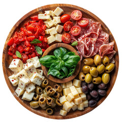 Artisan Antipasto Platter on Round Wooden Board, Overhead View