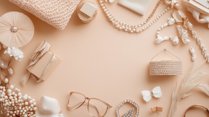 Fashion women stylish accessories outfit glamour set with label flat lay beige pastel © Sidoagung