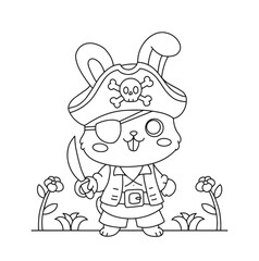 Coloring book cute rabbit wearing pirates hat and costume