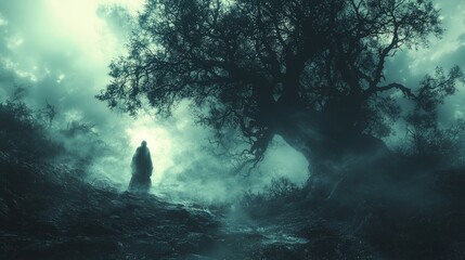 A haunting forest at twilight, with twisted trees, dark shadows, and a translucent figure walking through the mist, surrounded by an eerie, supernatural glow