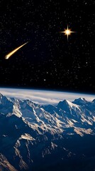 Comet Streaking Over Snowy Mountains.