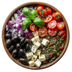 Top-Down View of Mediterranean Salad Ingredients in a Wooden Bowl on White